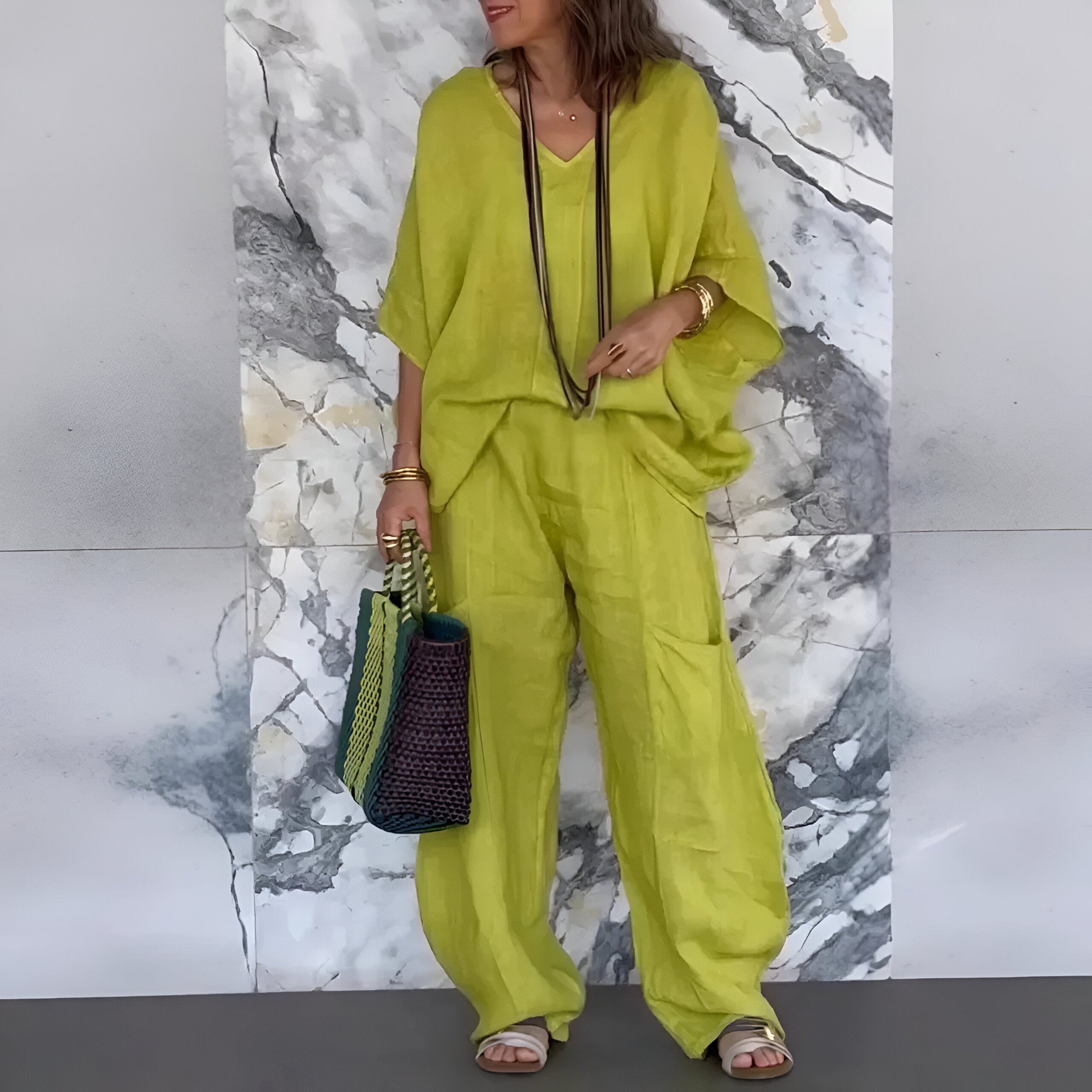 Set Coordinato Donna | Top a V & Pantaloni Wide-Leg Oversize
