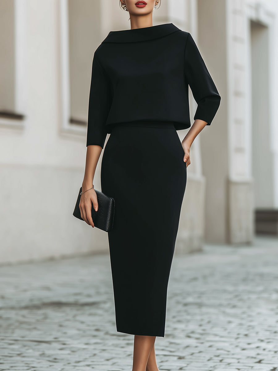 Set Donna – Con Collo a Barchetta, Lunghezza Midi, Adatto per Primavera e Estate, Casual per Uso Quotidiano 0