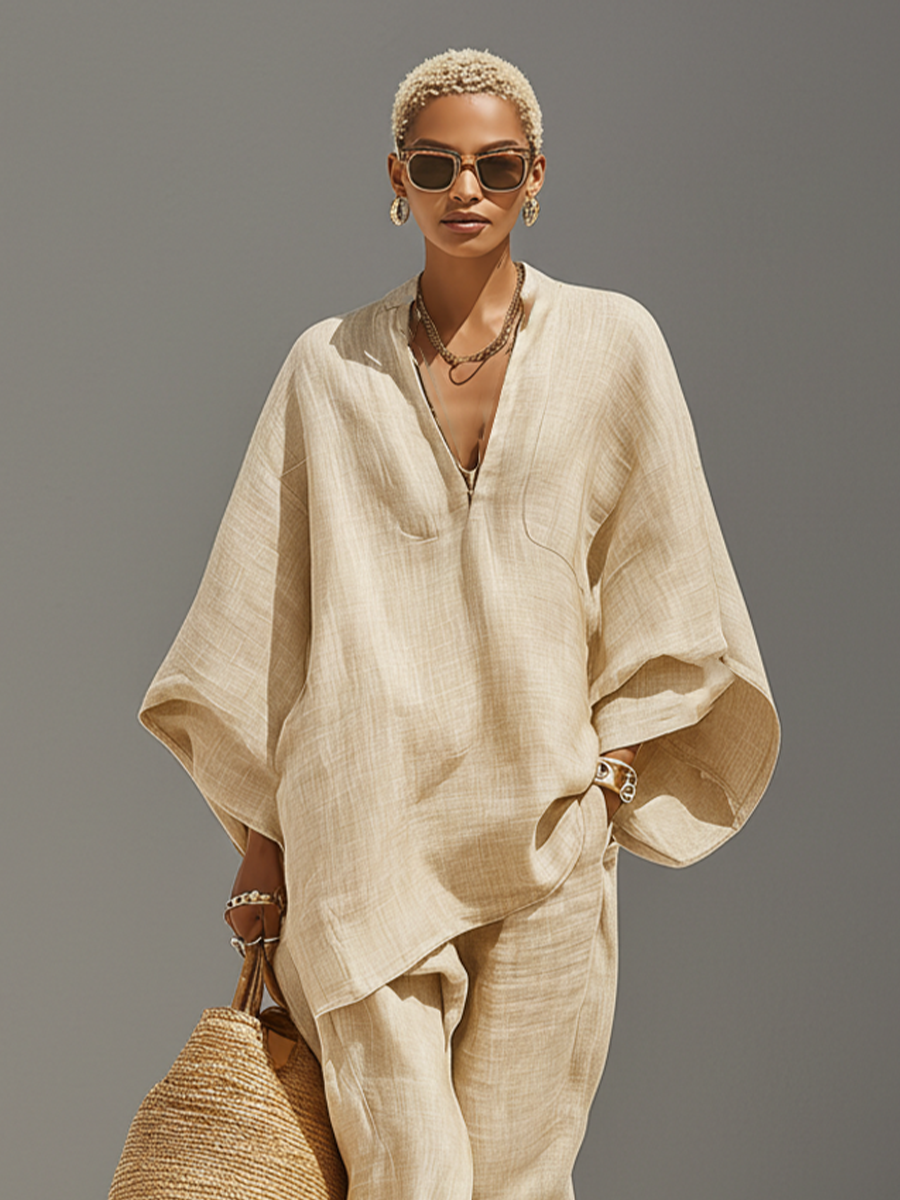 Set Neutro in Lino da Donna con Orlo Asimmetrico e Design Minimalista, Stile Giornaliero-Casual Sofisticato Set 2