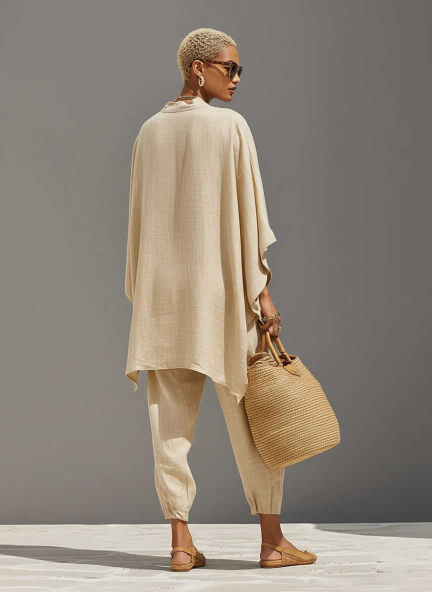 Set Neutro in Lino da Donna con Orlo Asimmetrico e Design Minimalista, Stile Giornaliero-Casual Sofisticato Set 6