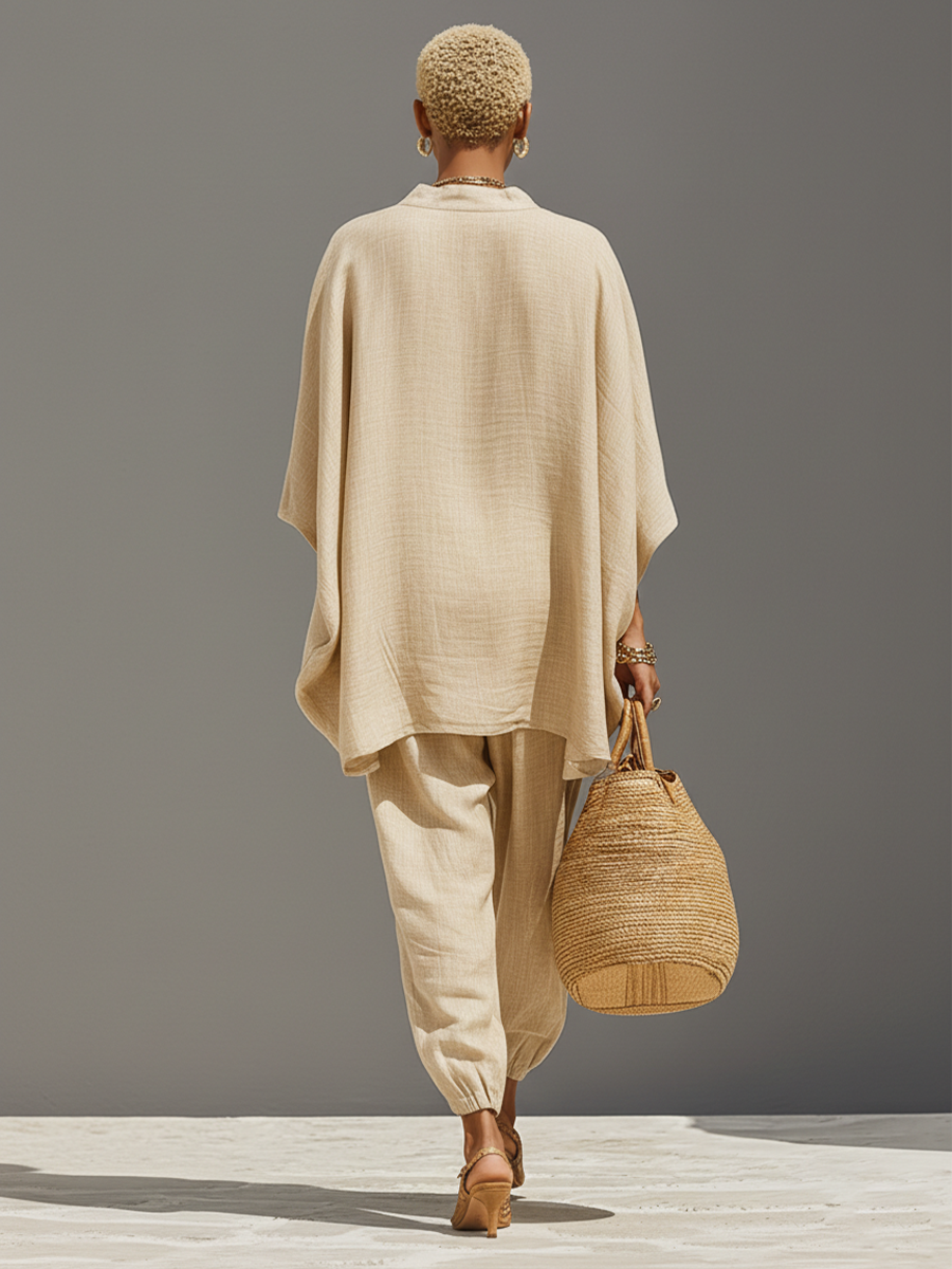 Set Neutro in Lino da Donna con Orlo Asimmetrico e Design Minimalista, Stile Giornaliero-Casual Sofisticato Set 7