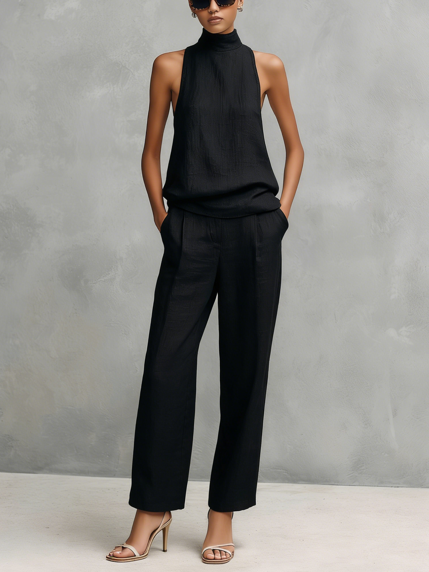 Set Top Senza Maniche e Pantaloni Elegante in Cotone e Lino Nero da Donna 0