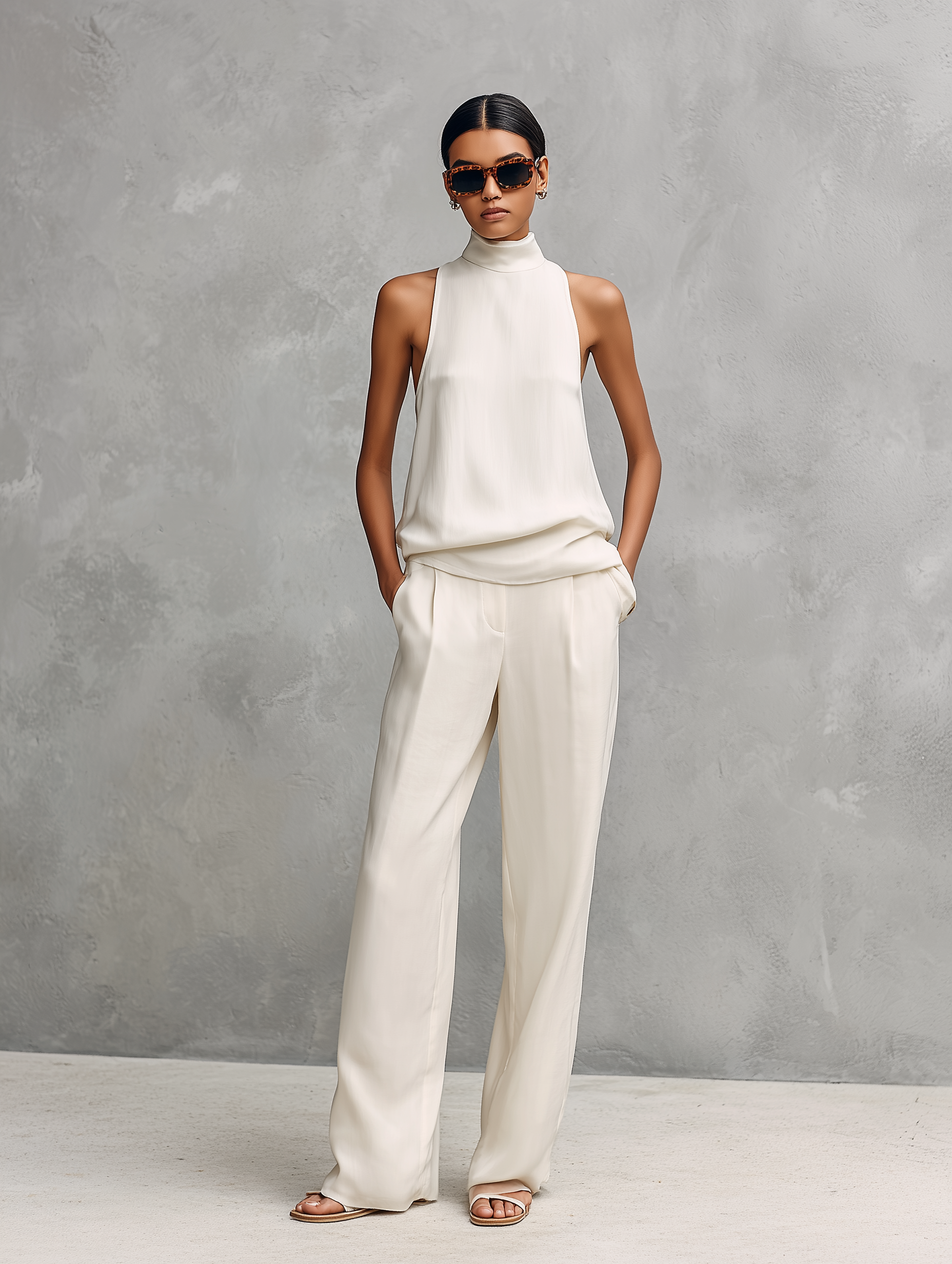 Set Top Senza Maniche e Pantaloni Elegante in Cotone e Lino Nero da Donna 2