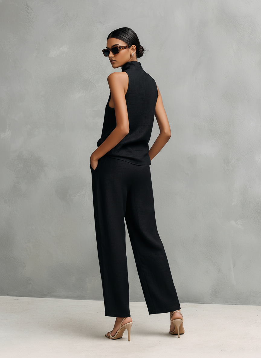Set Top Senza Maniche e Pantaloni Elegante in Cotone e Lino Nero da Donna 5