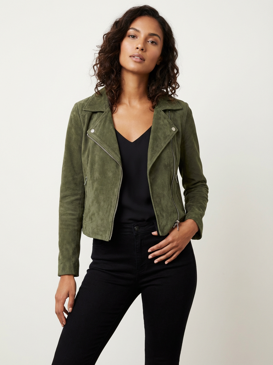 Dames Suède Bikerjack – Asymmetrische Ritssluiting Groen / XS - AIDA LENA