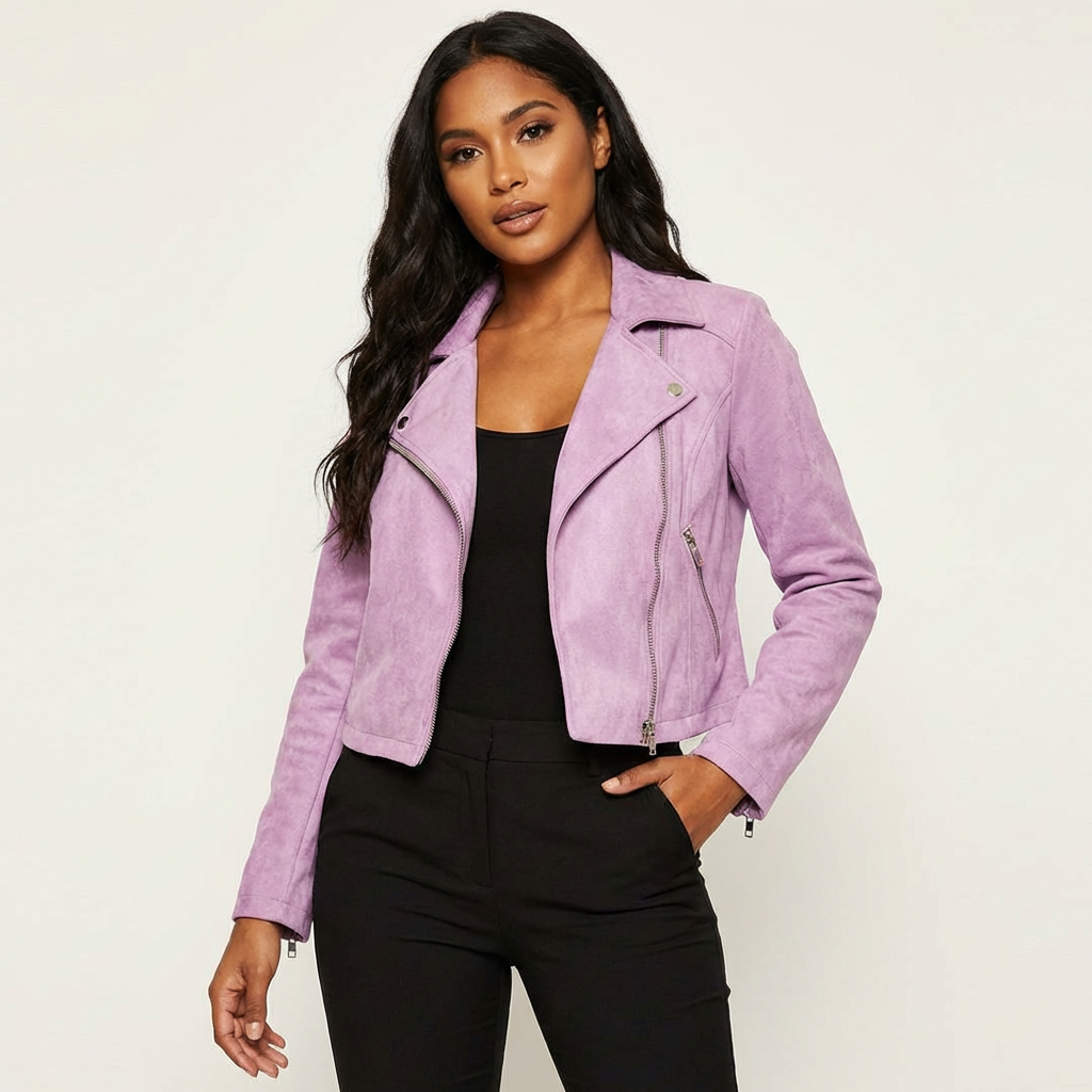 Dames Suède Bikerjack – Asymmetrische Ritssluiting Roze / XS - AIDA LENA