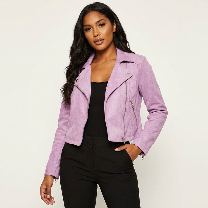 Dames Suède Bikerjack – Asymmetrische Ritssluiting Roze / XS - AIDA LENA