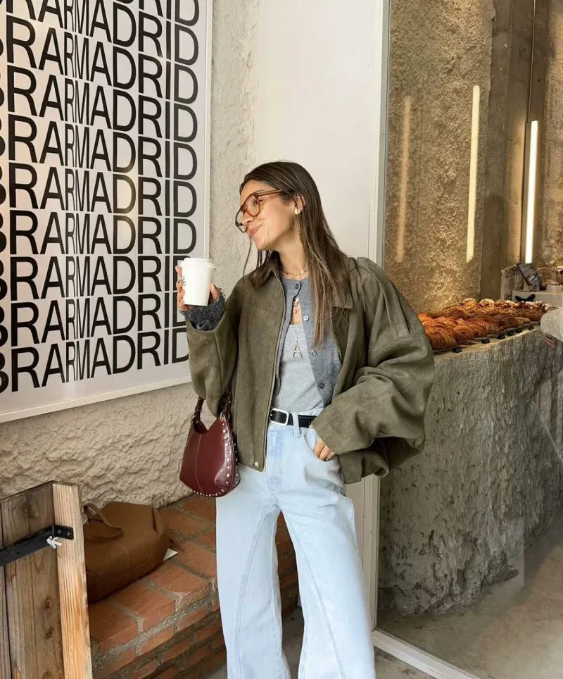 Dames Oversized Suède Jasje – Knoopsluiting met Relaxte Pasvorm Groen / XS - AIDA LENA