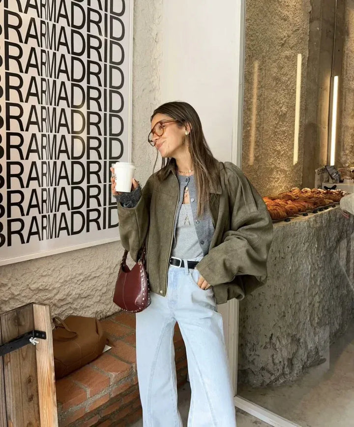 Dames Oversized Suède Jasje – Knoopsluiting met Relaxte Pasvorm Groen / XS - AIDA LENA