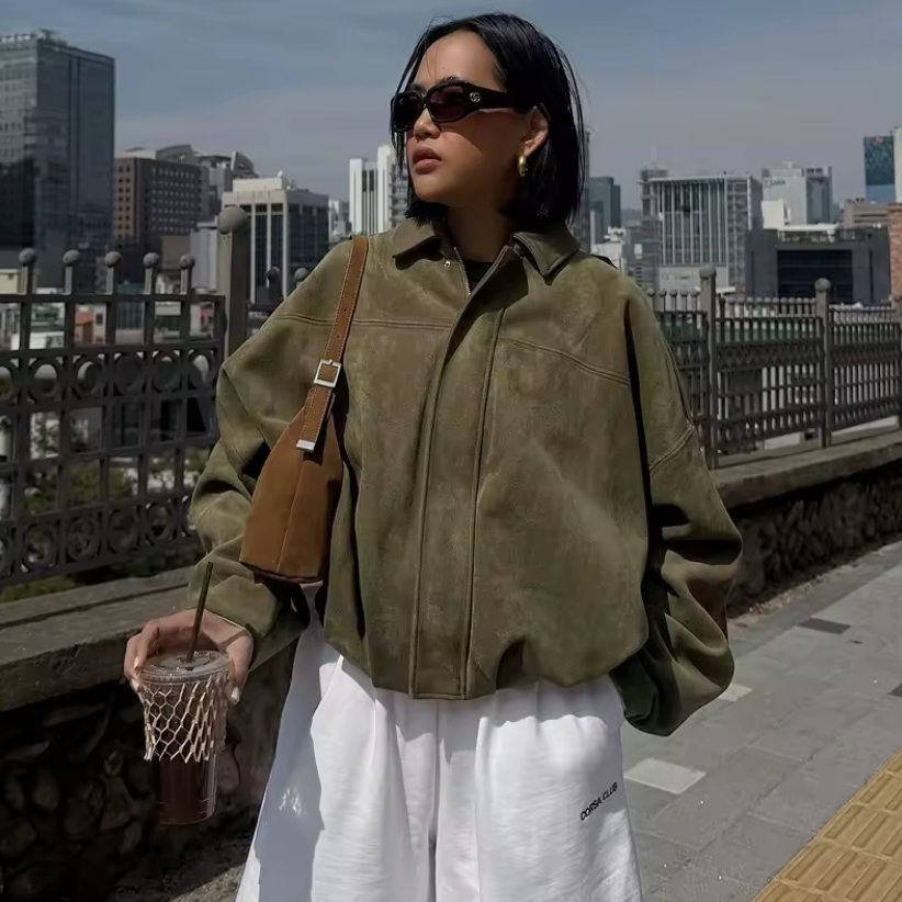 Dames Oversized Suède Jasje – Knoopsluiting met Relaxte Pasvorm Groen / XS - AIDA LENA