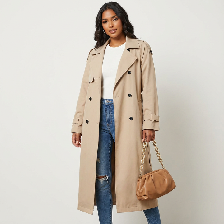 Dames Lange Trenchcoat – Elegante Pasvorm met Klassieke Revers Beige / S - AIDA LENA
