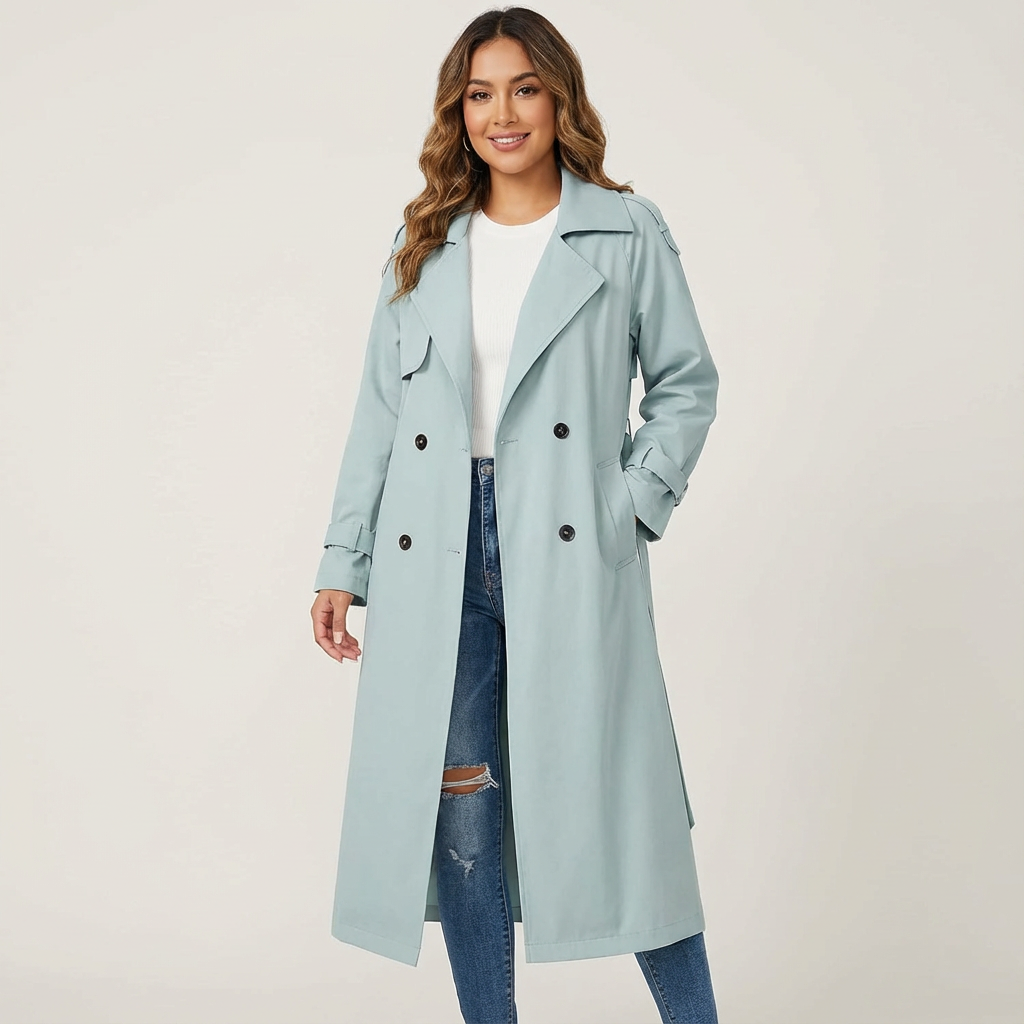 Dames Lange Trenchcoat – Elegante Pasvorm met Klassieke Revers Blauw / S - AIDA LENA