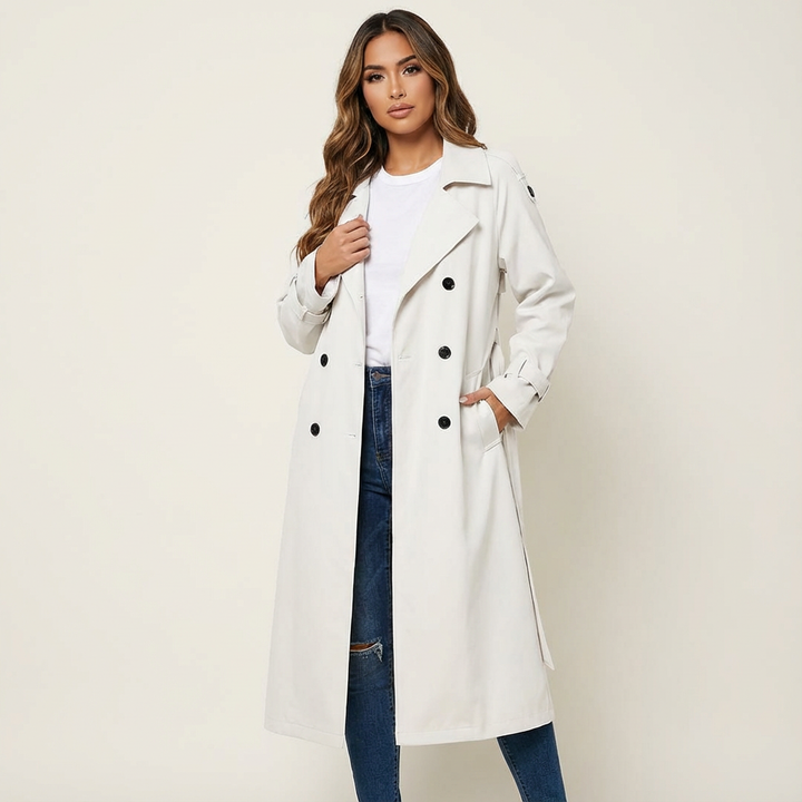 Dames Lange Trenchcoat – Elegante Pasvorm met Klassieke Revers Wit / S - AIDA LENA