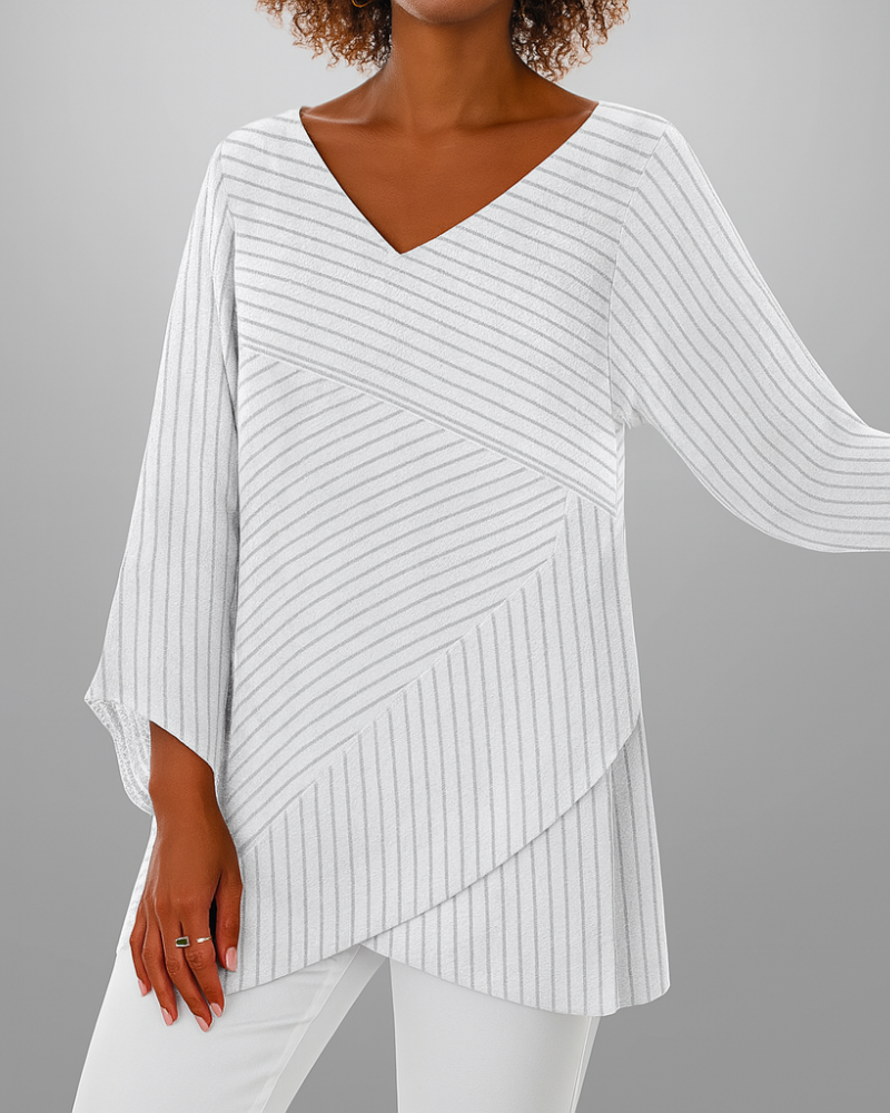 Women's Elegant Top | Layered Diagonal Stripes & Batwing Sleeves