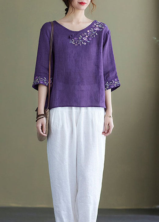 Top Donna | Ricamato con Fiori & Maniche a Tre Quarti