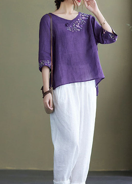 Top Donna | Ricamato con Fiori & Maniche a Tre Quarti
