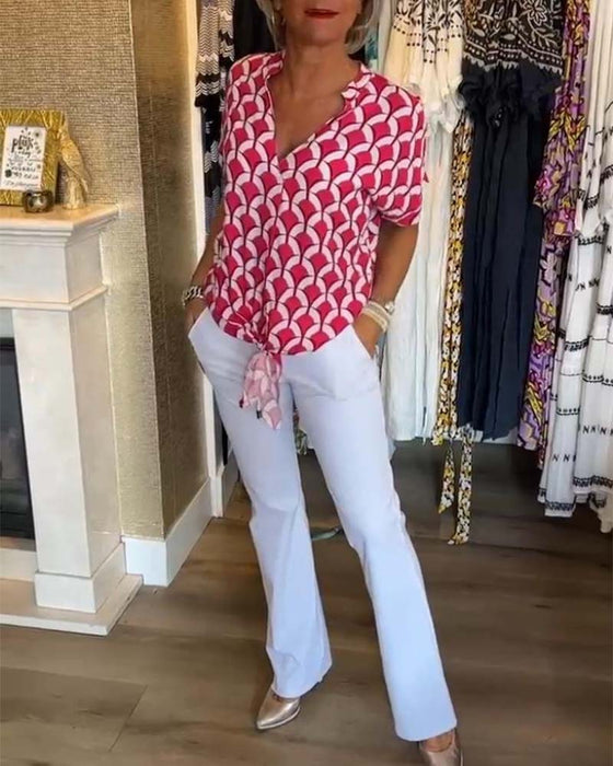 Top Donna Stampato | Pattern Geometrico Bold & Nodo Frontale in Vita