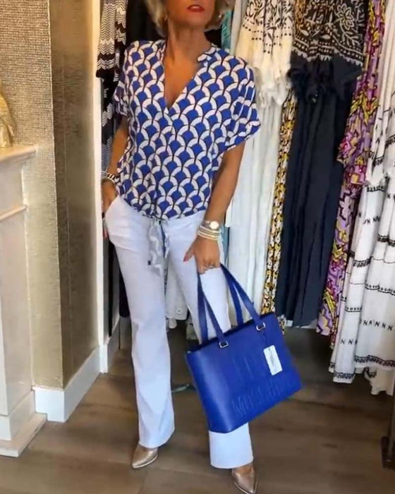 Top Donna Stampato | Pattern Geometrico Bold & Nodo Frontale in Vita