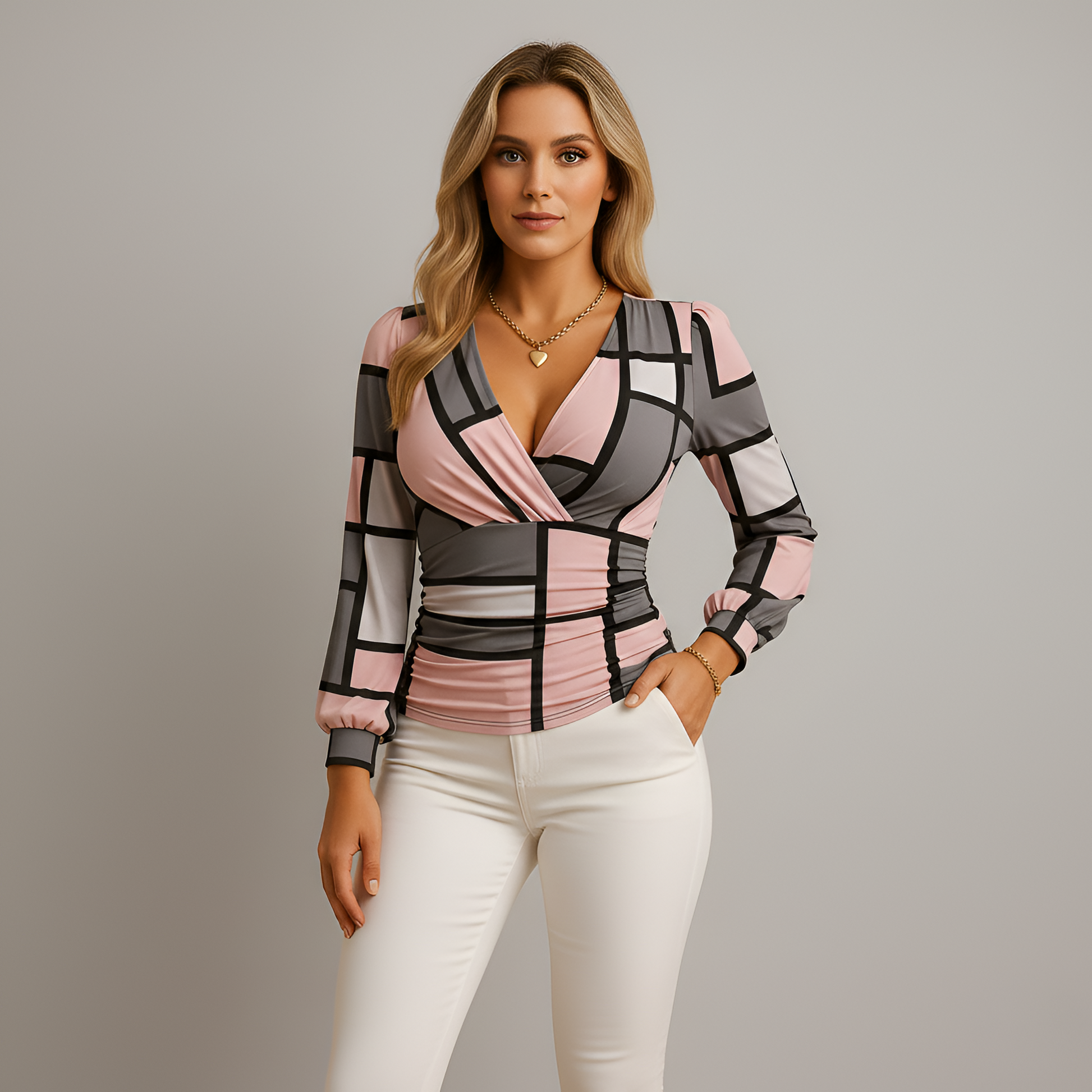 Top donna scollo a V manica lunga vestibilità aderente