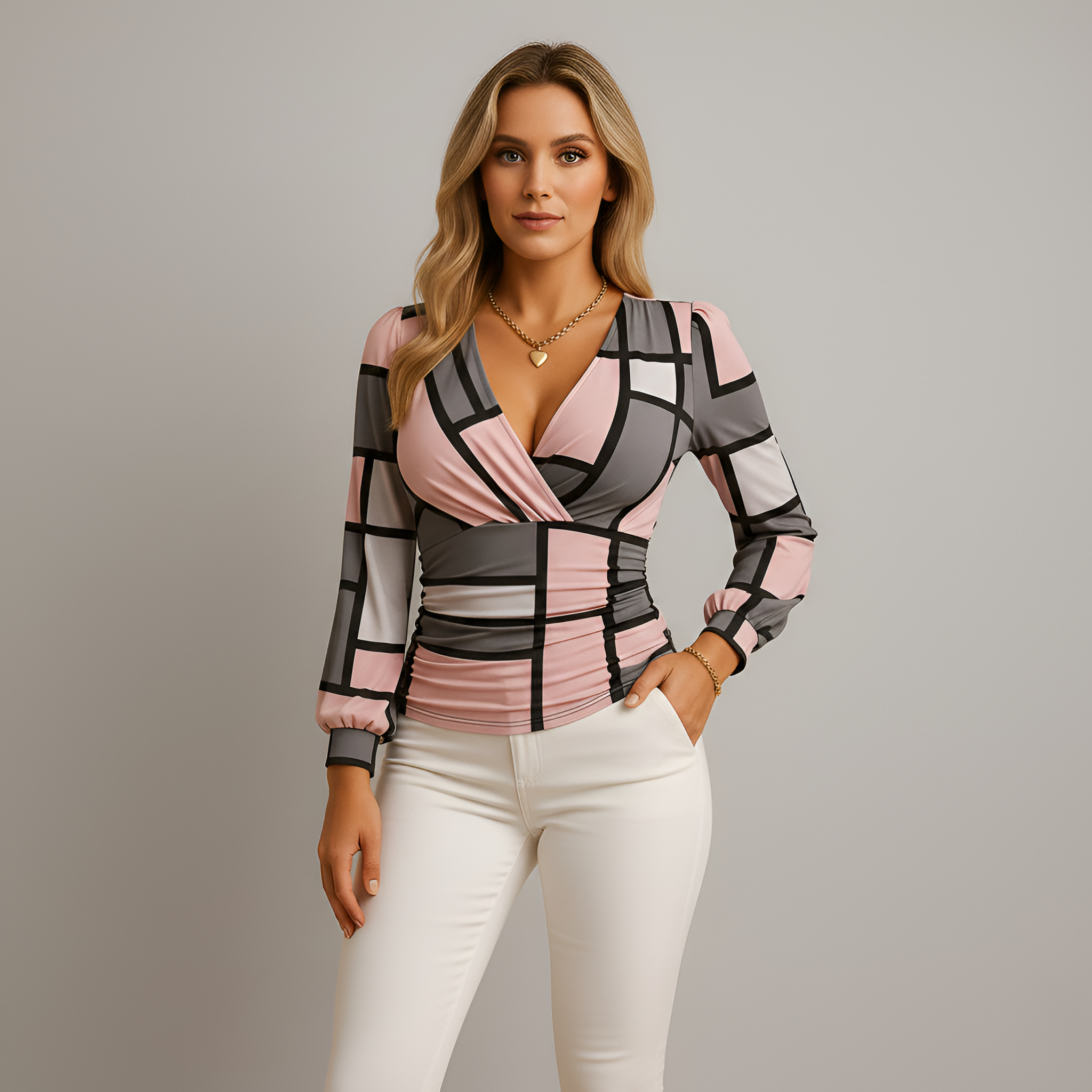 Top donna scollo a V manica lunga vestibilità aderente