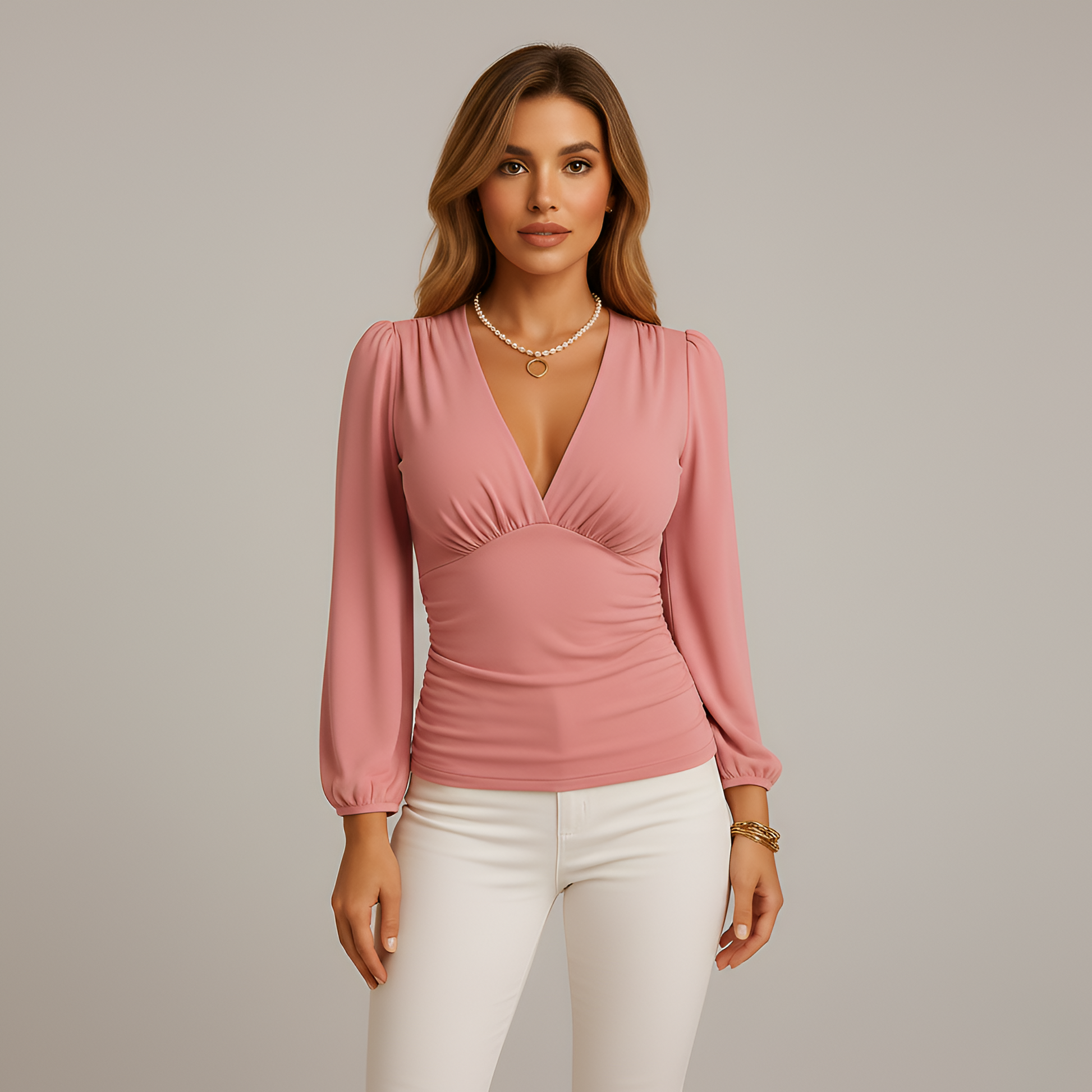 Top donna scollo a V manica lunga vestibilità aderente