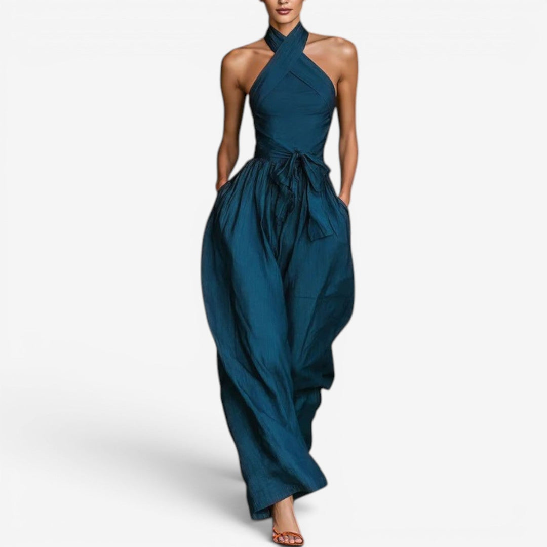Women's Summer Jumpsuit | Crossover Halter Neck & Fluid Bow Trousers
