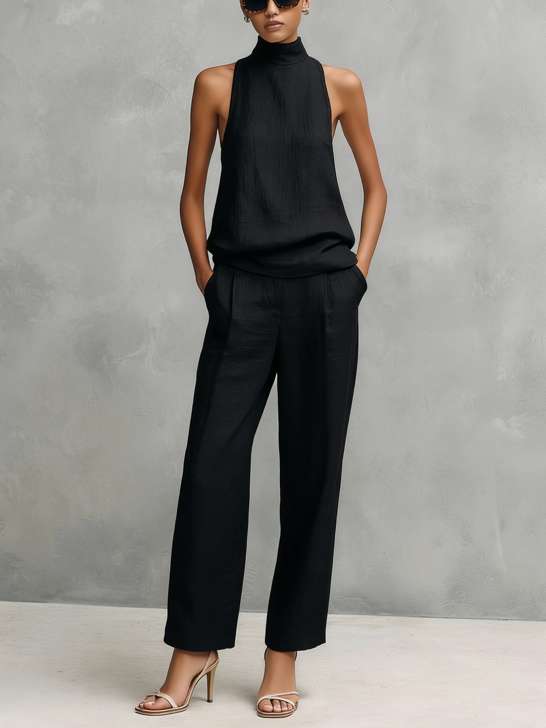 Set Top Senza Maniche e Pantaloni Elegante in Cotone e Lino Nero da Donna 0