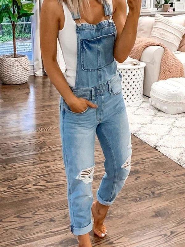 Tuta Estiva Donna in Denim | Salopette con Strappi & Spalline Regolabili