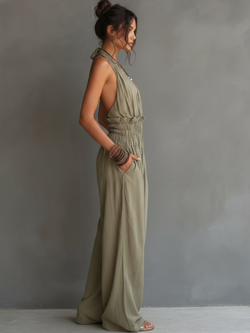Tuta Donna Minimalista Senza Maniche con Collo Halter e Scollo a V 1
