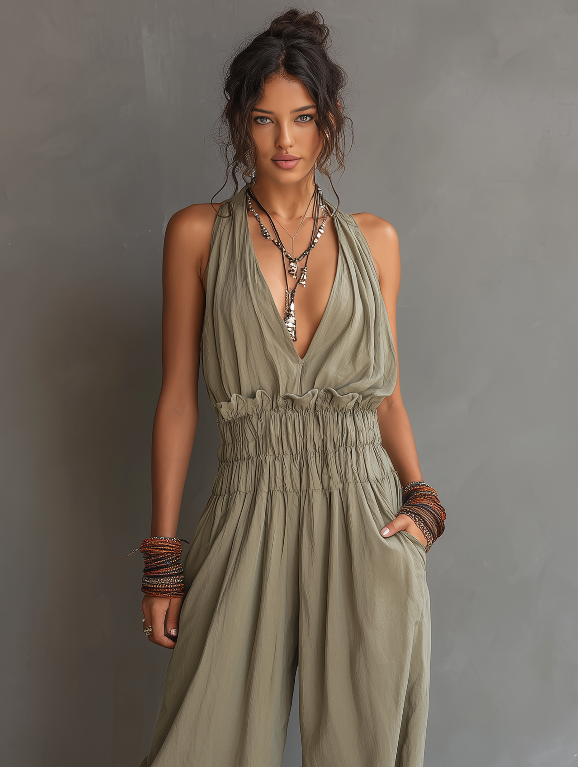Tuta Donna Minimalista Senza Maniche con Collo Halter e Scollo a V 3
