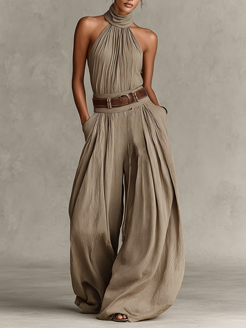 Tuta in Cotone Misto Taupe da Donna con Collo All'Americana e Silhouette a Gamba Larga, Stile Boho-Elegante Senza Tempo (Senza Cintura) 0