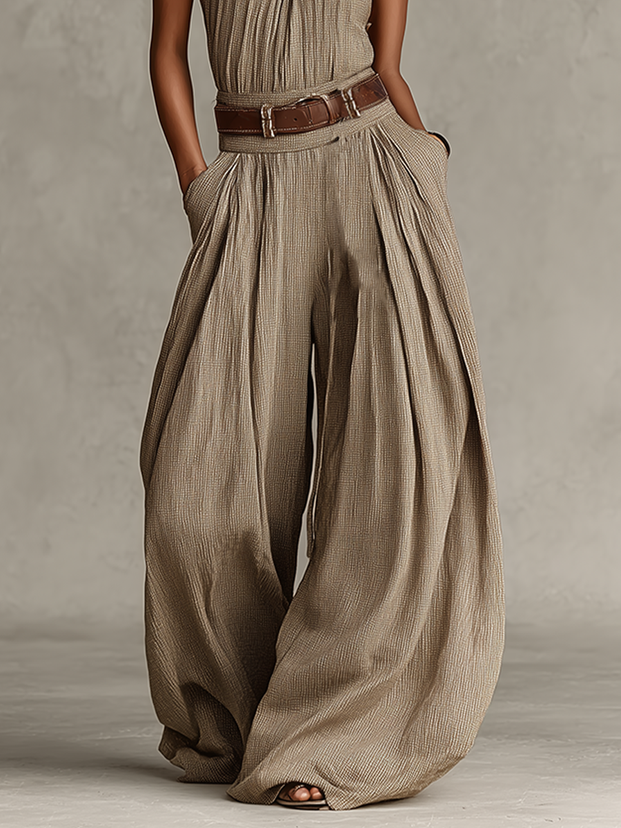 Tuta in Cotone Misto Taupe da Donna con Collo All'Americana e Silhouette a Gamba Larga, Stile Boho-Elegante Senza Tempo (Senza Cintura) 3