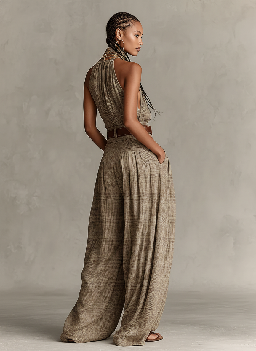 Tuta in Cotone Misto Taupe da Donna con Collo All'Americana e Silhouette a Gamba Larga, Stile Boho-Elegante Senza Tempo (Senza Cintura) 4