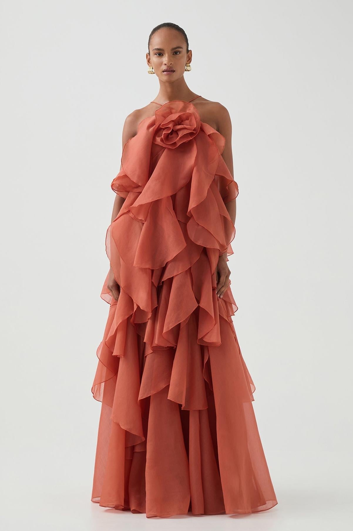 Vestito Maxi Donna | Design con Volant & Fiore Frontale