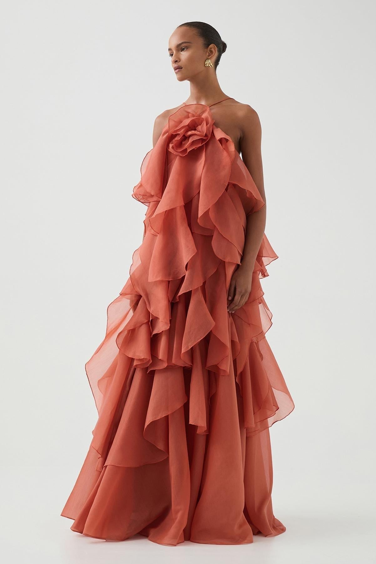 Vestito Maxi Donna | Design con Volant & Fiore Frontale