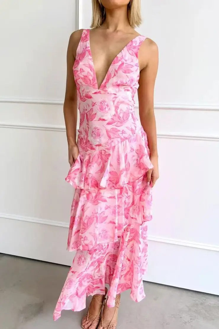 Vestito Maxi Donna | Scollatura a V Profonda & Gonna a Balze Multistrato