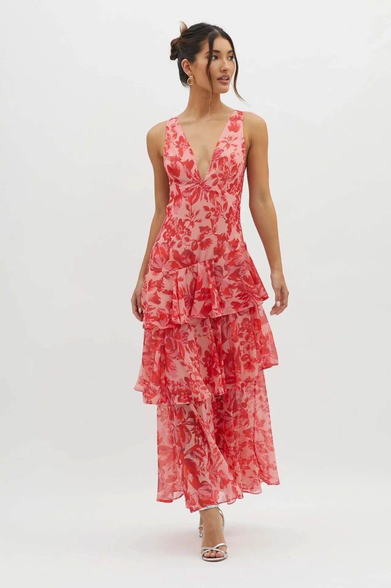 Vestito Maxi Donna | Scollatura a V Profonda & Gonna a Balze Multistrato