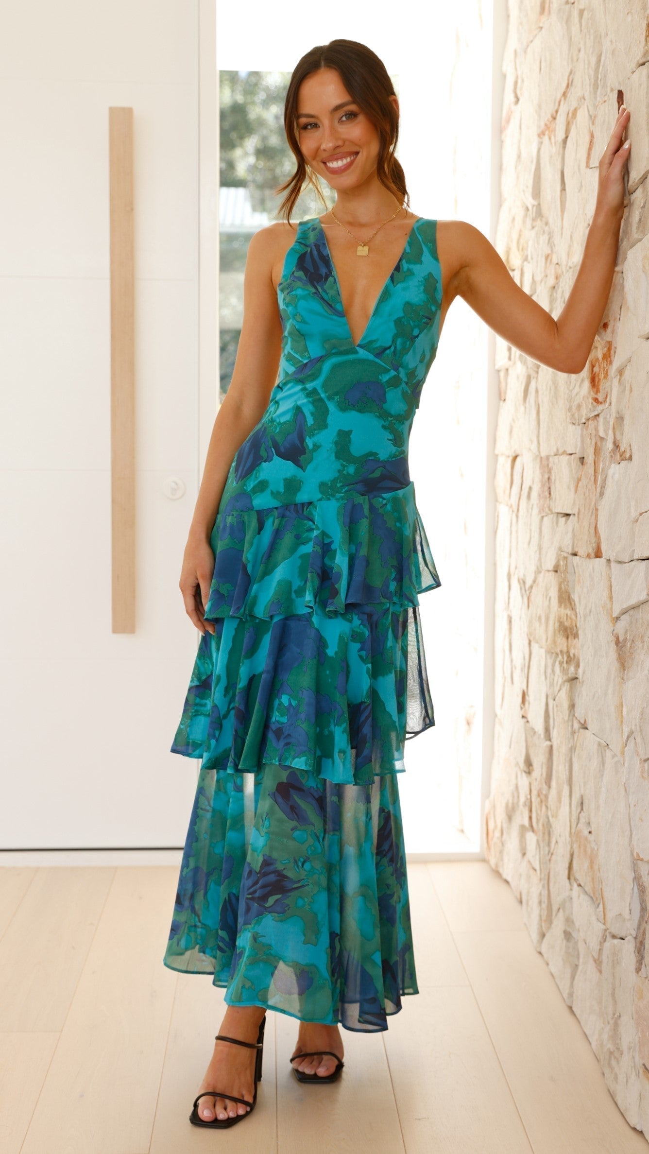 Vestito Maxi Donna | Scollatura a V Profonda & Gonna a Balze Multistrato