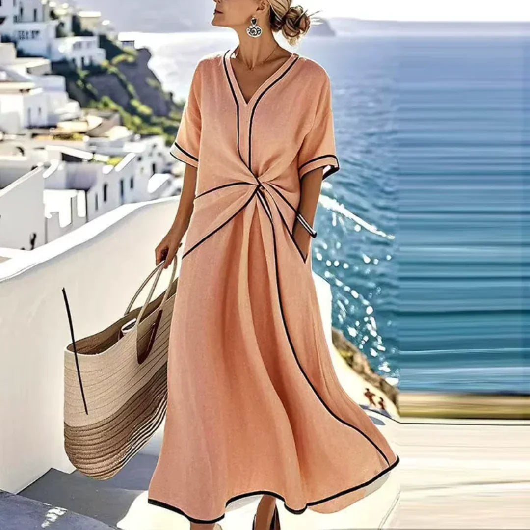 Vestito Midi Donna | Elegante con Nodo Frontale & Bordura a Contrasto