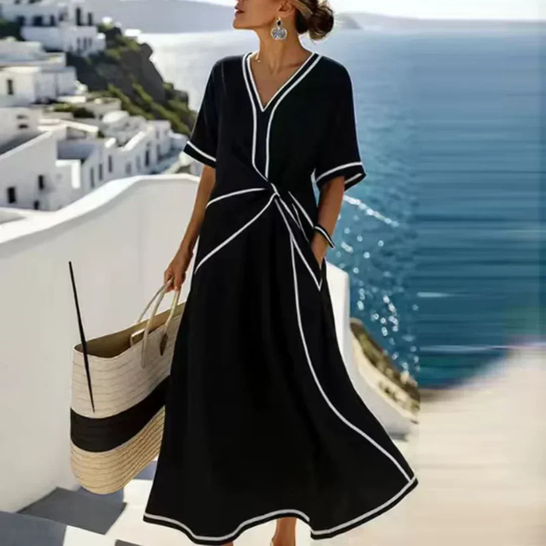 Vestito Midi Donna | Elegante con Nodo Frontale & Bordura a Contrasto