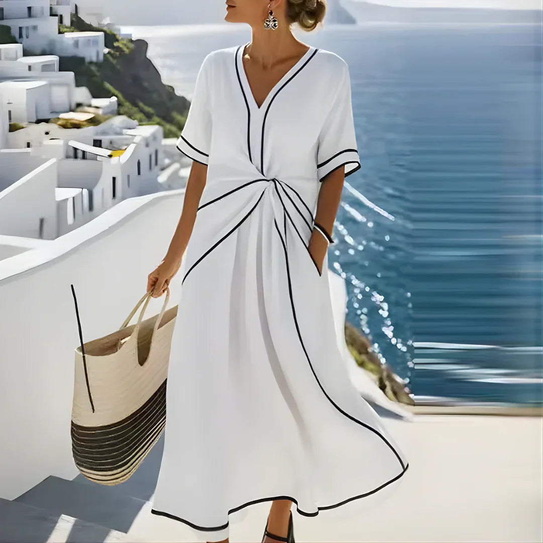 Vestito Midi Donna | Elegante con Nodo Frontale & Bordura a Contrasto