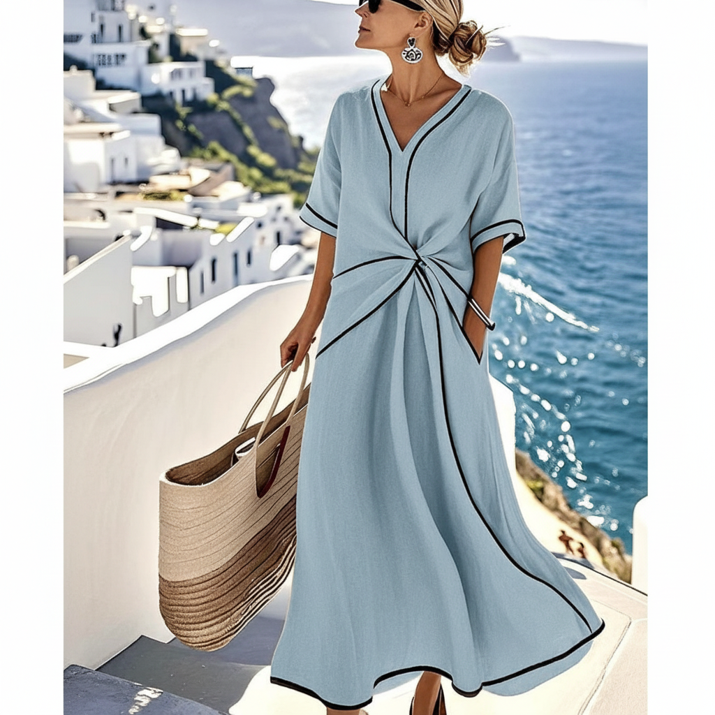 Vestito Midi Donna | Elegante con Nodo Frontale & Bordura a Contrasto