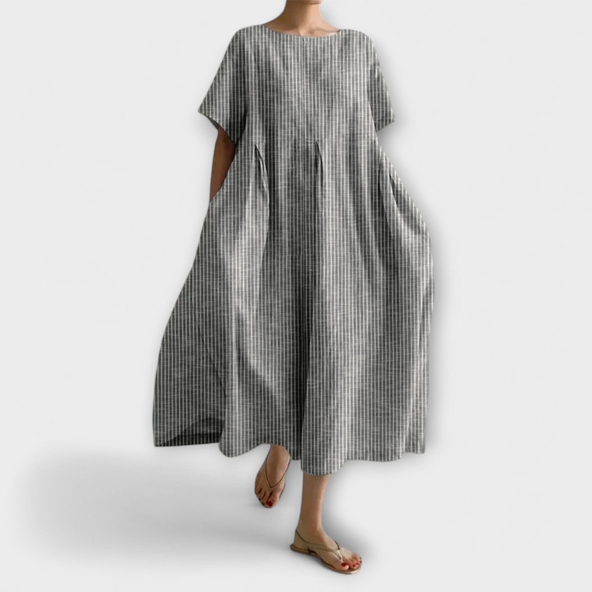 Vestito Midi Donna | Oversize a Quadretti con Pieghe & Tasche Laterali