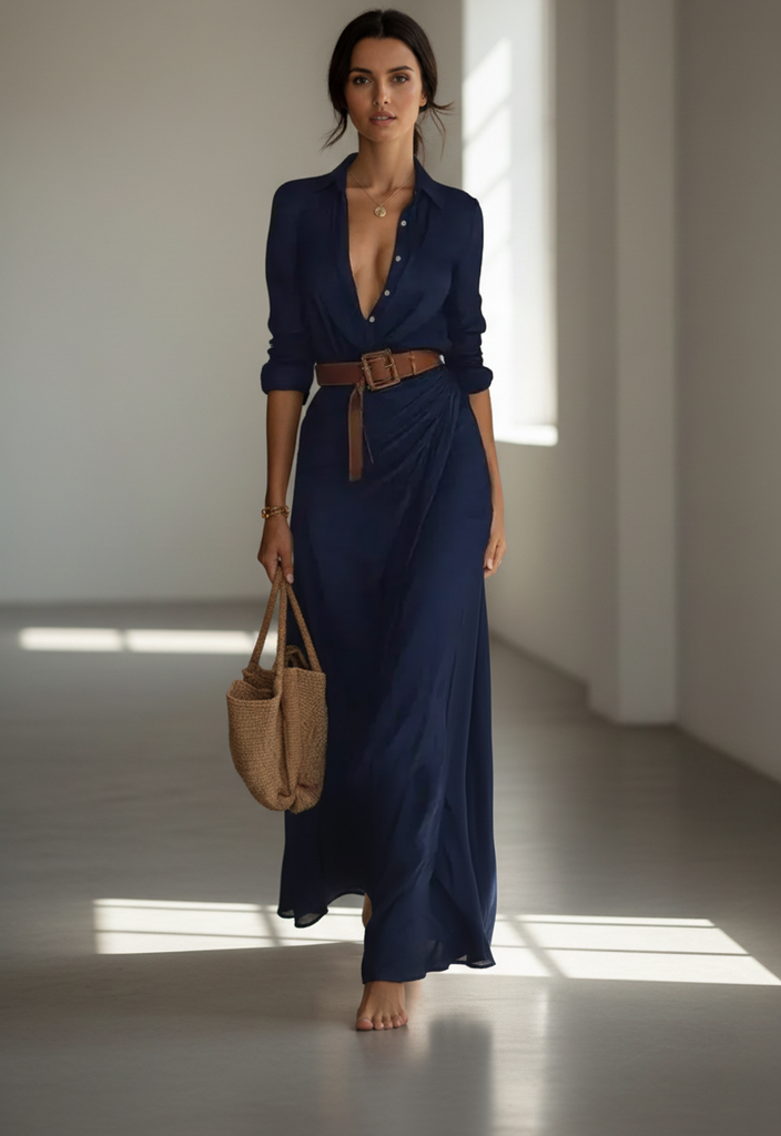 Vestito lungo Donna | Scollatura a V & Vita Definita con Cintura