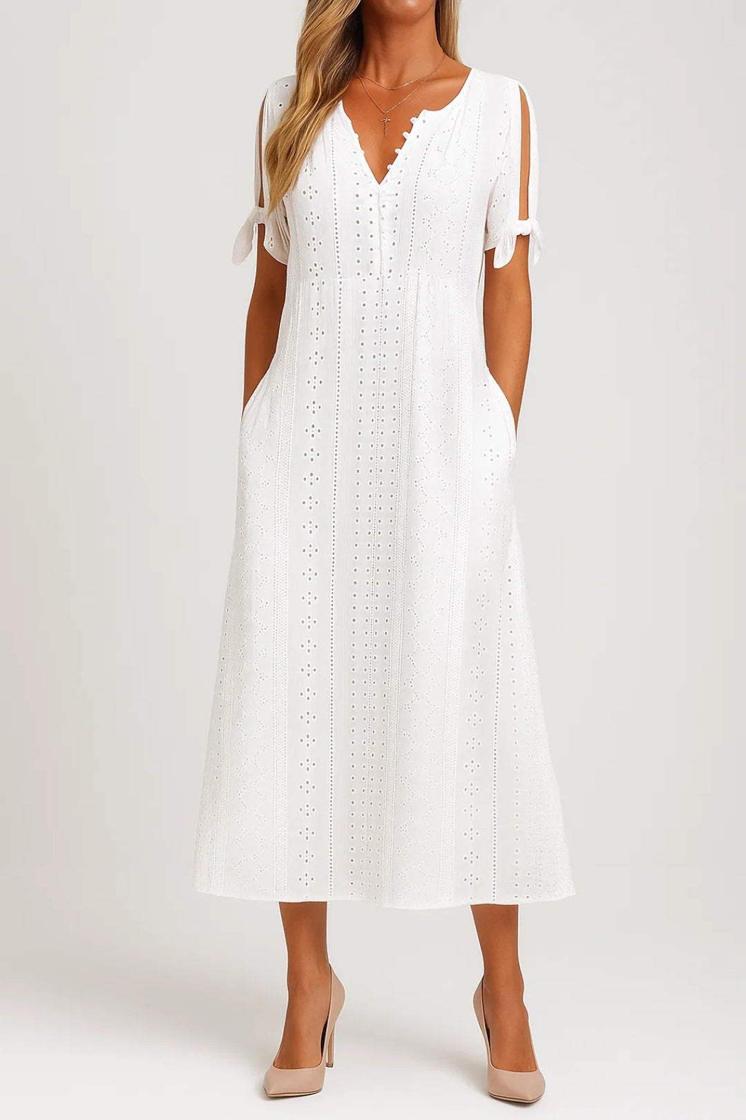 Vestito midi traforato con scollo a V e maniche con fiocco 0