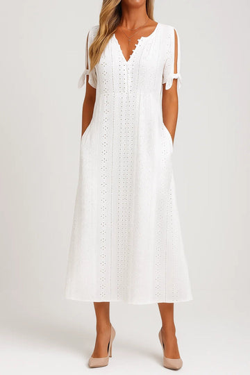 Vestito midi traforato con scollo a V e maniche con fiocco 0