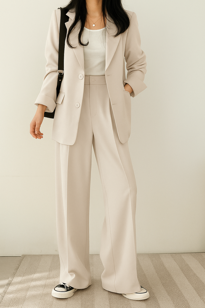 Dames 2-Delige Blazer Set – Elegante Blazer met Bijpassende Broek Khaki / S - AIDA LENA