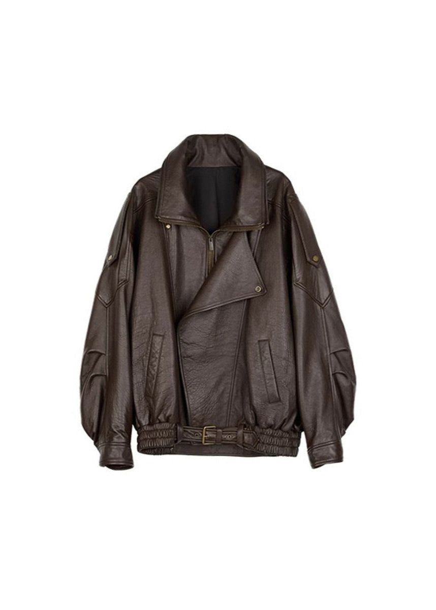 Sarah | Women’s Belted Oversized Leather Bomber Jacket Caliboot