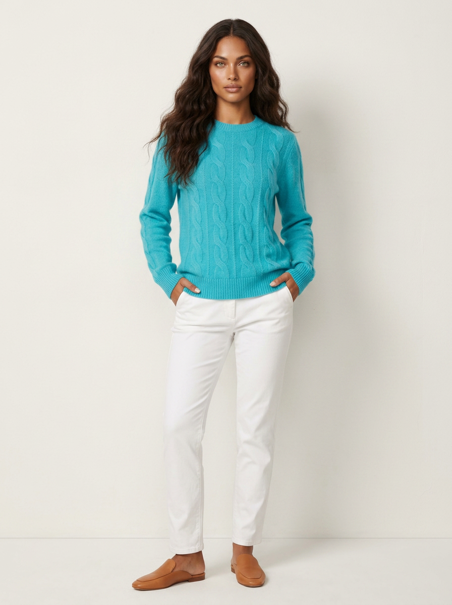 Women's Cable Knit Jumper | Ribbed Cuffs & Round Neck