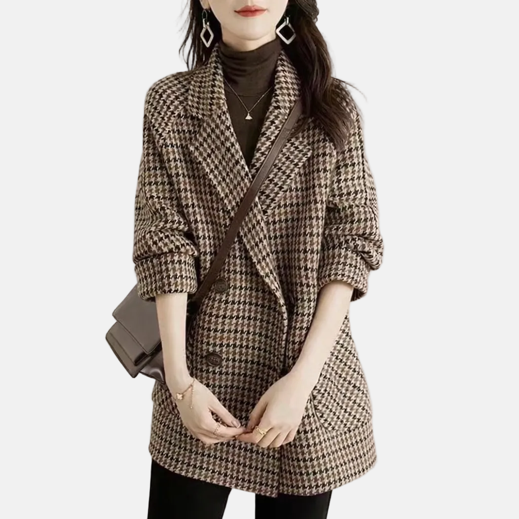 Double-Breasted Check Knee-Length Coat for Women – Cozy &amp; Stylish Design Caliboot
